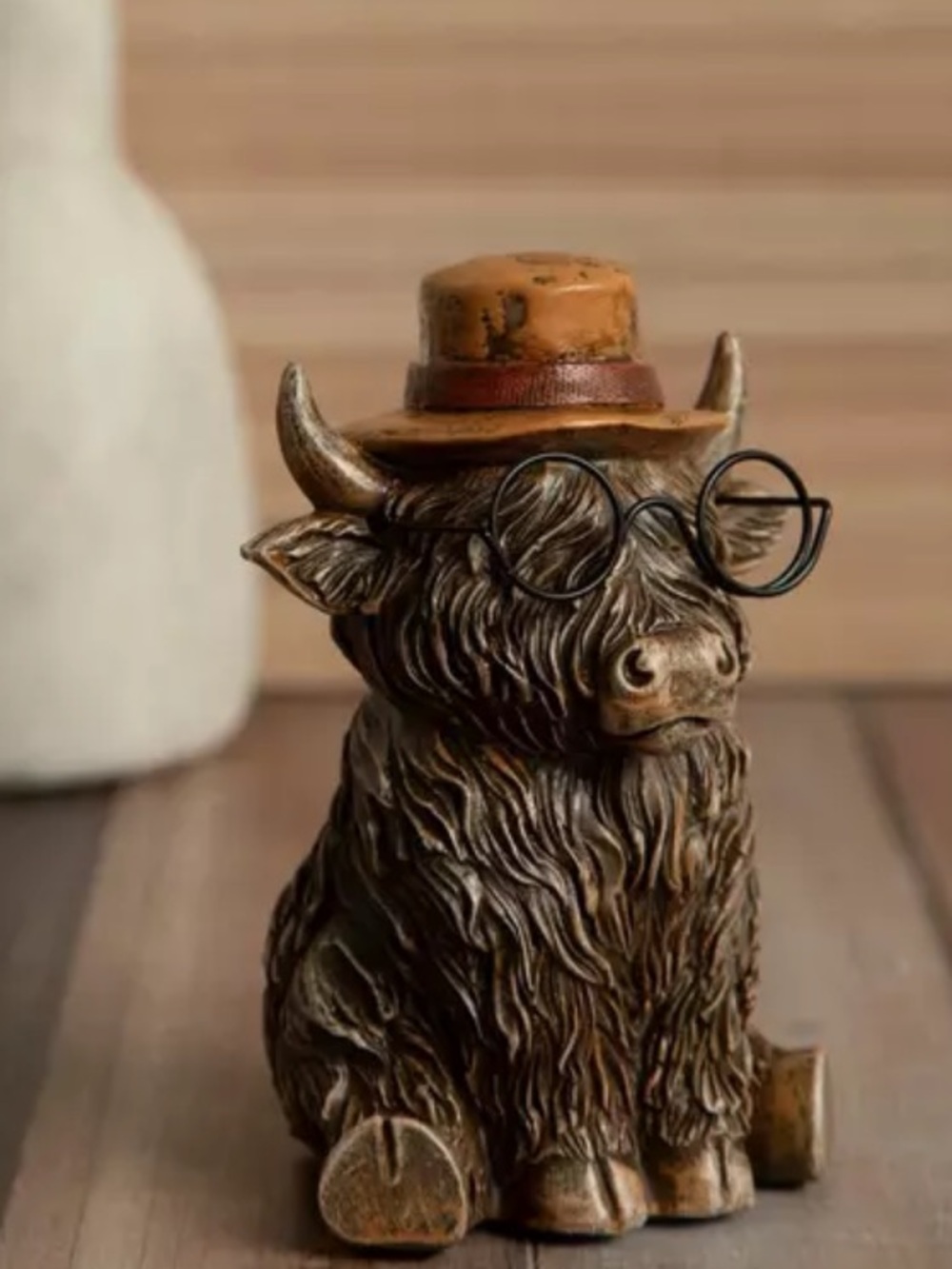 Highland Cow Wearing Hat & Glasses Figurine